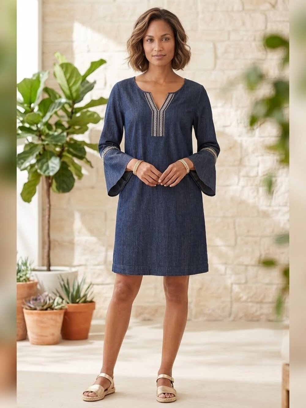 "NAIF Boho Blue Embroidered V-Neck Tunic Bell Sleeve Denim Look Dress L"